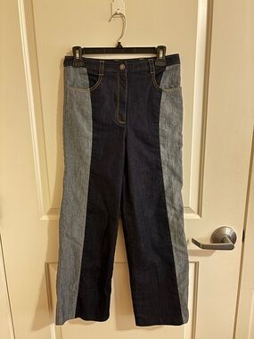 Cinq à Sept High Rise Wide Straight Leg Two Tone Panel jeans, Sz 4, retro preppy